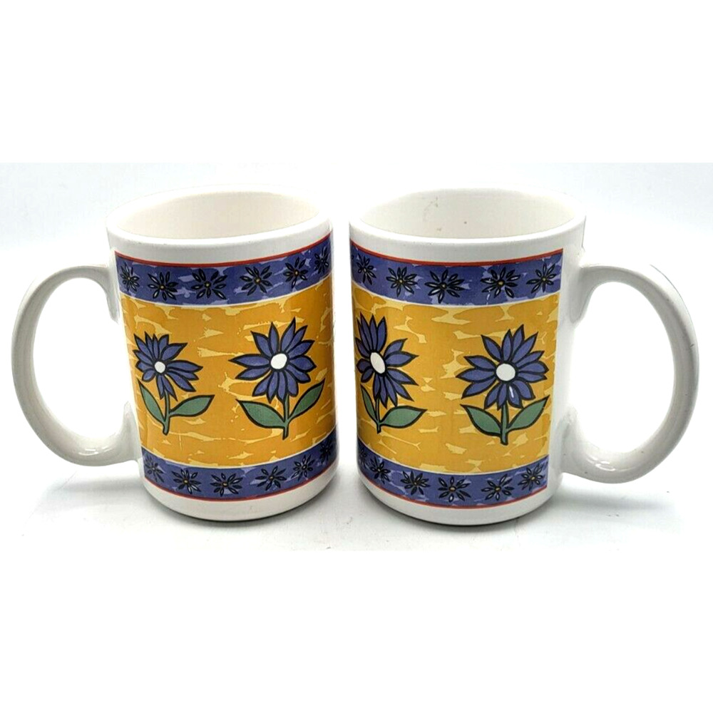 Stoneware Mugs 16 oz White with Blue Flowers on Yellow Background Set of 2